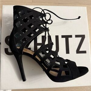 SCHUTZ Black Lace-Up Heeled Sandals